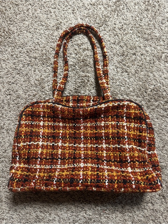 Handbags - Vintage Plaid Shoulder Bag | Textured Top Handle Purse | Brown & Rust Tones